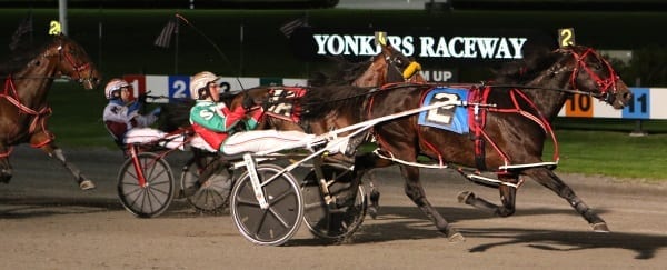 Favored pacer Bit Of A Legend N (Jordan Stratton) completed a six-race sweep of the Levy Series with this 1:51 score in the $609,000 final Saturday at Yonkers | Mike Lizzi