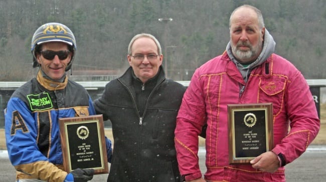 Bob Lounsbury (right) and his chief Monticello driver Bruce Aldrich, Jr. accepting the awards as Monticello’s leading trainer and driver, respectively.