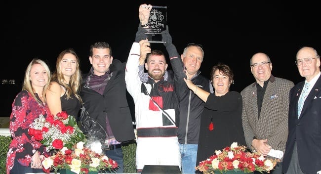 Driver Marcus Miller was a particularly excited first-time Crown winner after piloting his father Erv's trainee Someomensomewhere to victory in the two-year-old filly pace. | Michael Lisa