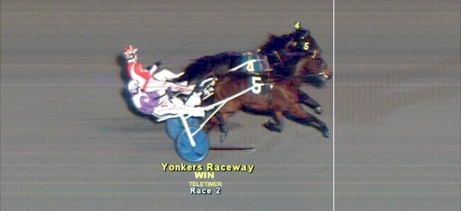 Pine Tab (5, Scott Zeron) won for the first time in 108 starts when he barely edged Madhatter Bluechip Monday at Yonkers. | Courtesy Yonkers Raceway