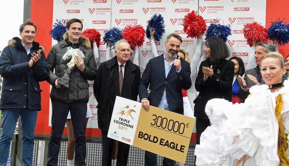 Owner Pierre Pilarski, gives a thumbs up after Bold Eagle earned a €300,000 bonus for winning the French Triple Crown for the first time since 1976. | Gerard Forni