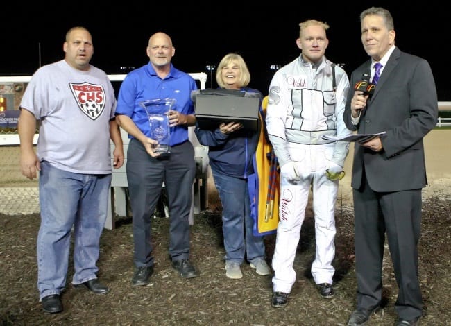 (from left) Brian Carsey, John McGill, Debbie Cullipher and driver Tyler Smith after Matrix Of Luck won the Indiana Super Final in 2015 at Hoosier Park. | Dean Gillette