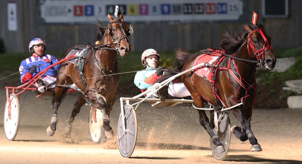 Bit Of A Legend N (Jordan Stratton) used the rail to his advantage to secure a 1:51.3 victory in the $150,000 Molson Pace Friday at The Raceway at The Western Fair District | Claus Andersen