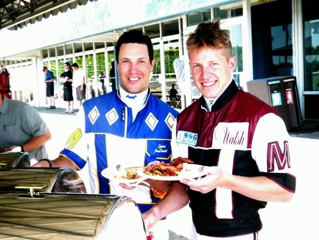 Drivers James MacDonald and Doug McNair were just two of many taking advantage of a huge breakfast spread Saturday put on by the Woodbine Entertainment Group for the Mohawk baby races | Garnet Barnsdale