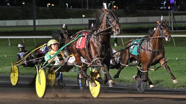 Huntsville and Tim Tetrick winning their Meadowlands Pace elimination last Saturday. A victory in the Pace final would give the driver his fifth title | Michael Lisa