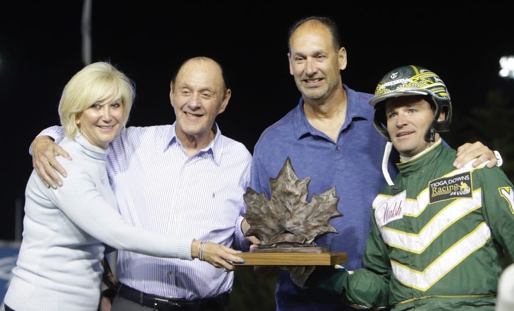 Theresa and Jerry Silva, Frank Baldachino and Yannick Gingras after Hannelore Hanover dominated the boys in the  $594,000 Maple Leaf Trot at Mohawk. It was the first MLT for Gingras | Dave Landry
