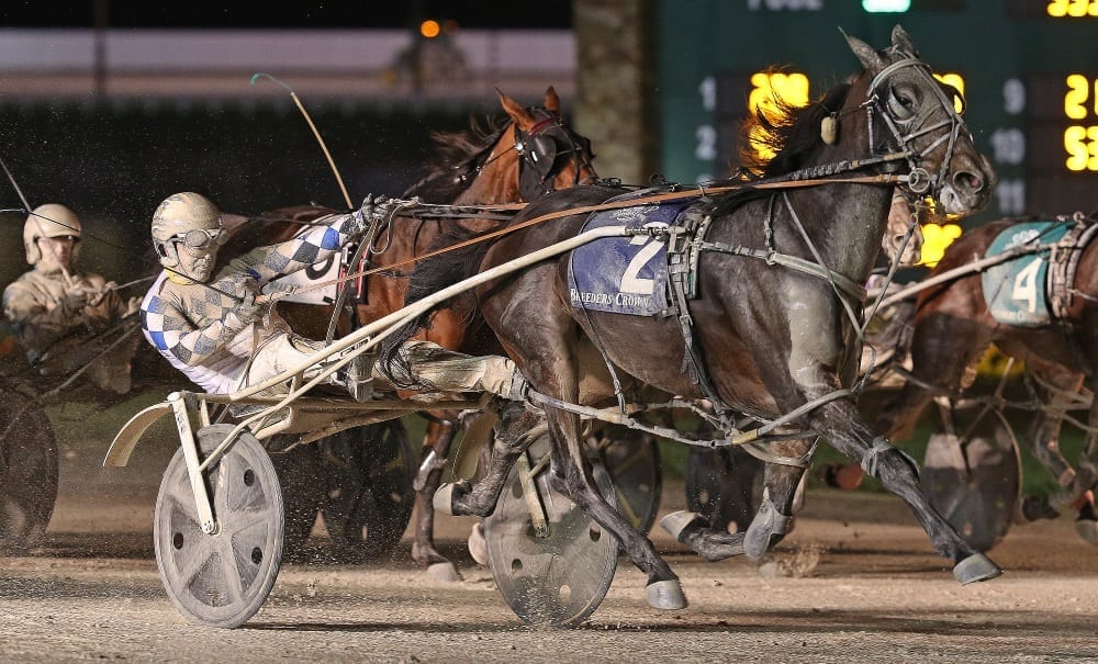 Despite a cold and sloppy night (as evidenced by Pure Country and Mark MacDonald in the mare pace), local organizers deemed the Breeders Crown a success | Claus Andersen
