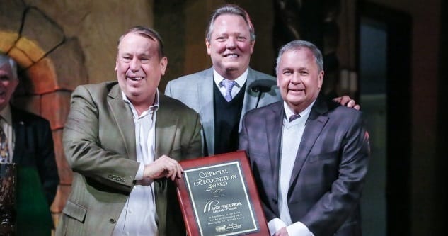 Hoosier Park's ownership group from Centaur was honored with a special award for its contribution to racing in Indiana. Centaur was represented by (from left): Rod Ratcliff, Centaur chairman and CEO, president and COO Jim Brown and Rick Moore, vice-president and general manager of racing at Hoosier Park | Dean Gillette