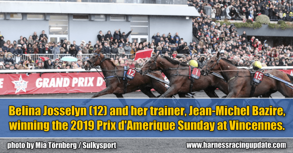 Belina Josselyn (12) and her trainer, Jean-Michel Bazire, winning the 2019 Prix d'Amerique Sunday at Vincennes.