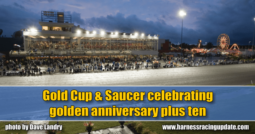 Gold Cup & Saucer celebrating golden anniversary plus ten